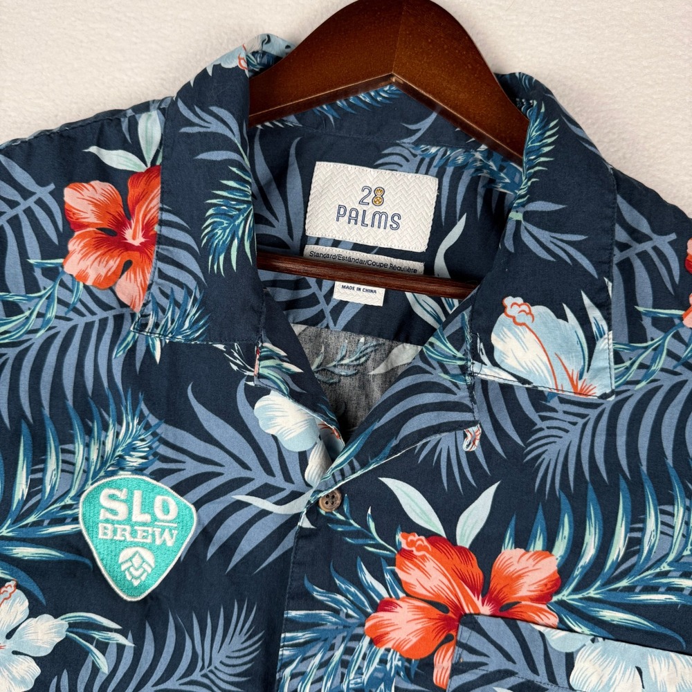 SLO Brew 28 Palms Camp Shirt Mens L Tropical Hibiscus Floral Navy Blue Patch